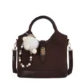 Dark brown retro bucket bag with plush charm, chic commuter shoulder handbag for daily wear. - With Pendant / Coffee