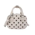 Retro polka dot bowling bag in faux suede, trendy versatile shoulder crossbody handbag. - No Pendant / White