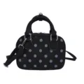Black polka dot bowling bag, vintage suede shoulder handbag with top handles and strap. - No Pendant / Black