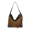 Bruine suède hobo schoudertas met contrasterende donkerbruine lederen afwerking, casual dagelijkse tas - Zonder hanger / Bruin