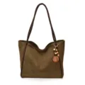 Brown suede tote bag detail, retro style shoulder bag with leather straps and wooden bead charm. - Green