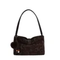 Borsa a spalla in camoscio con stampa leopardo marrone, fiocco chic e pompon peloso. - con portachiavi / Stampa leopardata