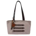 Detailed view of the gray suede shoulder bag with brown leather handles, studs and wooden charm. - With Pendant / Khaki