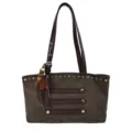 Brown suede shoulder bag with metal studs, rivet details, and a chic wooden pendant charm. - With Pendant / Green