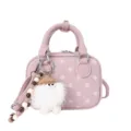 Retro pink polka dot suede bowling bag with cute fluffy charm and stylish beaded strap. - With Pendant / Pink