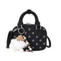 Vintage black polka dot bowling shoulder bag featuring a cute plush gnome doll pendant. - With Pendant / Black