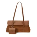Brown vintage shoulder bag for women, chic suede leather underarm handbag with small pouch. - Brown