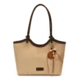 Retro kaki dames shopper tas met bruine handvatten en houten kralen hanger, stijlvol. - Zonder hanger / Broken Wit