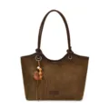 Bruine suède shopper tas voor dames met stijlvolle houten kralen hanger en comfortabele banden. - Zonder hanger / Groen