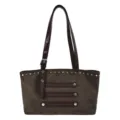 Bruine schoudertas met klinknagels, retro shopper voor werk met metalen studs. - Zonder hanger / Groen