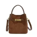 Brown Suede Bucket Bag with Top Handle and Crossbody Strap Elegant Casual Daily Shoulder Bag - Without Pendant / Brown