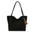 Zwarte grote dames tote tas vintage shopper voor dagelijks werk met houten kralen hanger - Zonder hanger / Zwart