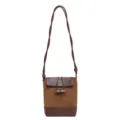 Brown suede leather crossbody bag detail view, sleek bamboo toggle closure and long strap. - Retro Bamboo Style Buckle / Brown