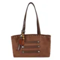 Retro brown women tote bag with metal studs and wooden bead charm, stylish commuting handbag. - With Pendant / Brown