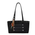 Black vintage style suede tote bag for women, commuter shoulder bag with metal studs and tassels. - With Pendant / Black