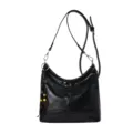 Black hobo shoulder bag for women, casual PU leather crescent dumpling bag with beaded charm. - With Pendant / Black