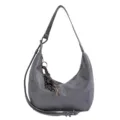 Detailed view of grey PU leather hobo shoulder bag with stylish woven charm and strap. - Gray With Charm