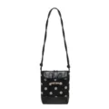 Stylish polka dot crossbody shoulder bag with leather trim and wooden toggle closure for women - Black