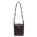 Brown suede crossbody bag featuring smooth leather trim and retro wooden toggle closure. - Coffee