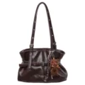 Donkerbruine vintage PU lederen schoudertas tote met riemontwerp en schattige berenhanger. - Zonder hanger / koffiekleur