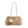 Detailed view of the beige polka dot shoulder tote bag with a cute cute bear plush charm. - With Pendant / Milk Tea Apricot