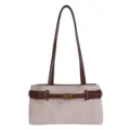 Sac bandoulière vintage en suédine avec lanières en cuir marron et fermoir métal, élégant. - Kaki