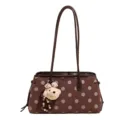 Brown polka dot shoulder bag with cute plush bear pendant, stylish commute tote bag for women. - With Pendant / Maillard Coffee