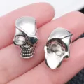 Close-up detail of silver alloy pirate skull charm bead for DIY bracelet jewelry making. - Halloween Skull Large Hole Bead (5324)