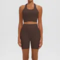 Ensemble de yoga marron, soutien-gorge de sport et short taille haute pour fitness. - S / Haut et Bas / Café Noir