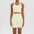 Ensemble yoga fitness femme vetement sport brassiere halter et short taille haute jaune - Ivoire Clair