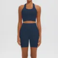 Ensemble de yoga de sport pour femme soutien-gorge et short taille haute pour fitness. - Bleu Abysse