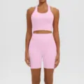 Ensemble de yoga fitness rose pour femmes, short de course taille haute respirant et soutien-gorge. - Rose Sakura