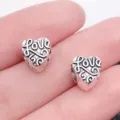 Silver alloy heart charm bead engraved with love text, perfect DIY bracelet accessory. - Small Antique Silver Heart Love Large Hole Bead (8813)