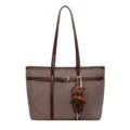 Vintage brown tweed tote bag large capacity shoulder handbag with cute plush bear pendant. - Fashion Retro Large Capacity Patchwork Tote Bag (ZB-5378#) / Brown No Pendant