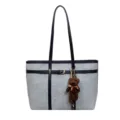 Fashionable large capacity tote bag, grey canvas and blue leather contrast design with cute bear pendant. - Fashion Retro Large Capacity Patchwork Tote Bag (ZB-5378#) / Blue No Charm