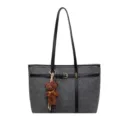 Large capacity tote bag with contrast PU leather handles and cute bear pendant for daily use - Fashion Retro Large Capacity Patchwork Tote Bag (ZB-5378#) / Black without Pendant