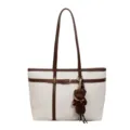 Large capacity canvas tote bag with brown leather trim and cute bear pendant variant. - Fashion Retro Large Capacity Patchwork Tote Bag (ZB-5378#) / Beige Without Pendant