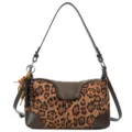 Vintage schoudertas met luipaardprint, bruine lederen afwerking en houten kralen detail - Zonder hanger / Luipaard Bruin