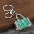 Exquisite rhinestone handbag keychain, green oil drop metal key ring charm for bags. - White K + Green