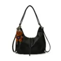 Black women's hobo shoulder bag casual tote large capacity backpack with cute bear pendant - With Pendant / Black