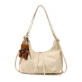 Stylish beige casual women shoulder backpack with cute bear pendant for daily commuting. - With Pendant / White