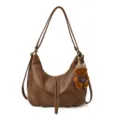 Retro brown PU leather shoulder bag for women, large capacity commuter tote with cute bear pendant. - With Pendant / Brown