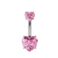 F136 titanium belly button ring featuring pink heart cubic zirconia piercing main product display - 1.6*10mm / Double Heart Style / Pink Rhinestone