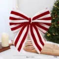 Red and white striped velvet Christmas tree bow topper with gold spring base decoration. - Red and White Striped Bow Style / Red White