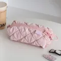 Pink quilted cosmetic bag detail, cute large zipper design, soft fabric makeup pouch. - Pink