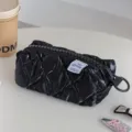 Black shiny quilted cosmetic bag large capacity travel portable toiletry storage pouch. - Black