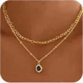 Collar de doble capa chapado en oro de 14k con corazones y piedra azul. - Zirconia Azul
