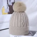 Winter thick cable knit beanie hat for women with fluffy faux fur pom warm winter hat - One Size / Off White