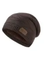 Detailed view of the winter warm fleece-lined knit beanie in dark brown with leather patch. - Coffee