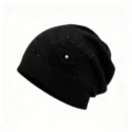 Black knit beanie hat featuring a 3D floral applique and sparkling rhinestone details. - M (56-58cm) / Black